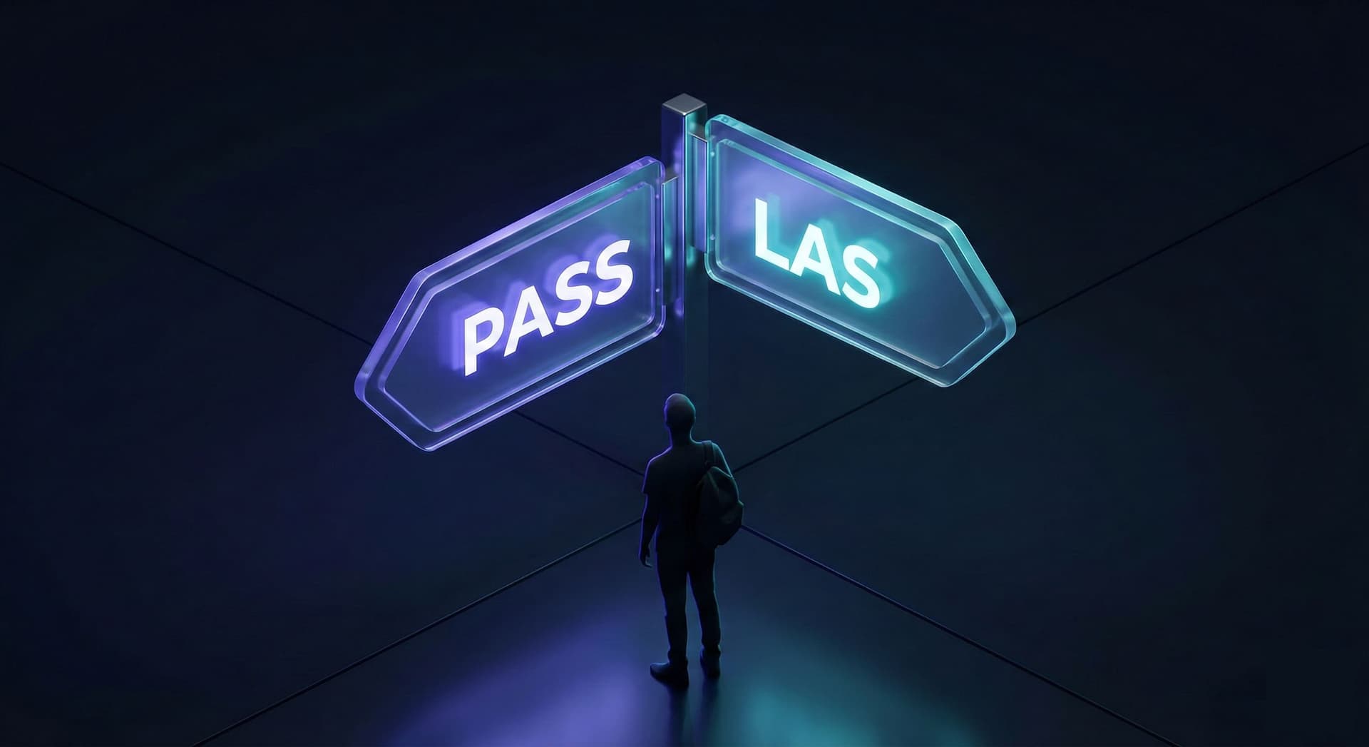 Étudiant devant un panneau directionnel PASS ou LAS pour choisir ses études de santé.